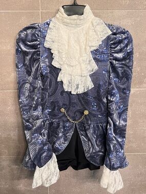 Lace-Trimmed Purple Velvet Paisley Coat Unitard with Gold Chain Detail